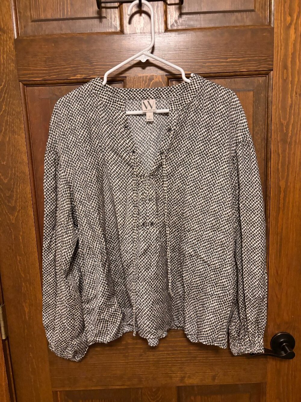 Worthington Black White Dot Blouse Women’s Large Tie Neck Puff Sleeve